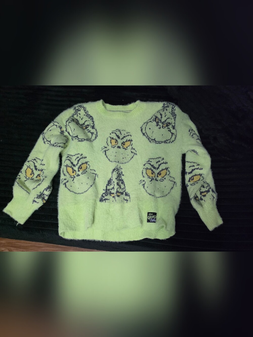 Justice Lime Green Fuzzy Grinch Face Sweater